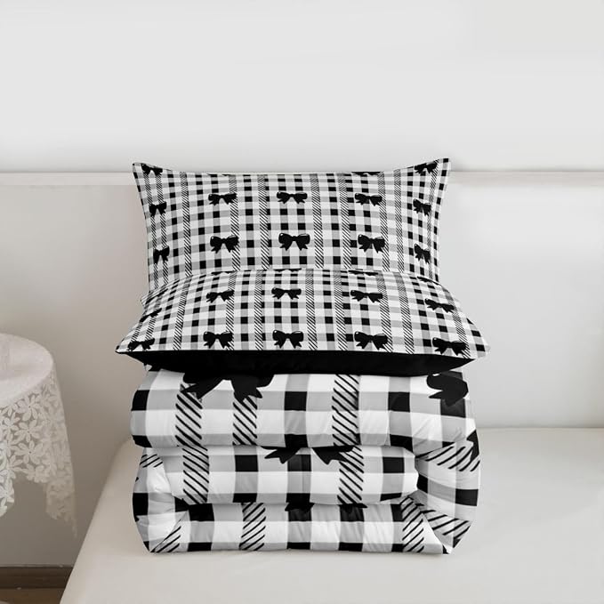 Feelyou Bow Checkered Comforter Set King Size Chic Grid Bowknot Bedding Set for Kids Boys Girls Girly Black Duvet Quilt Bedroom Decor Microfiber 3 Pcs with 2 Pillow Cases