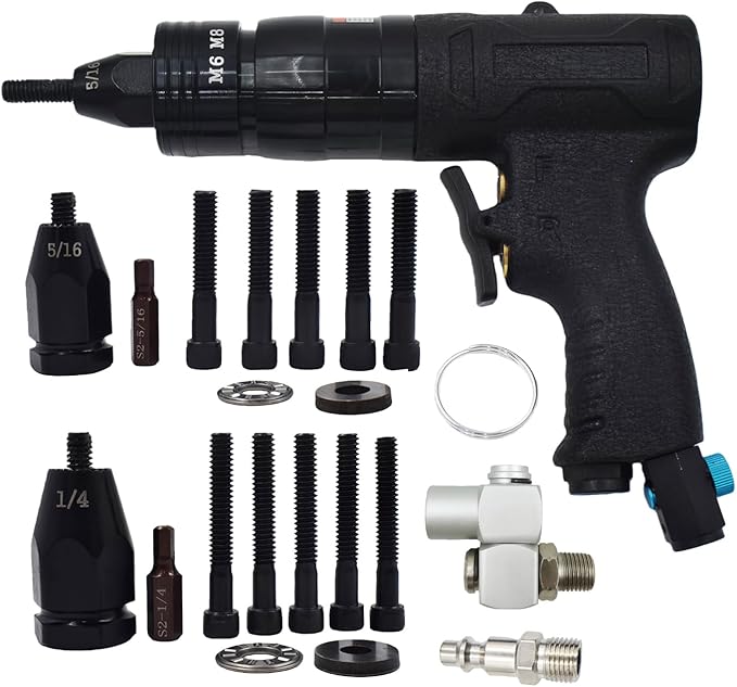 Pneumatic Rivet Nut Gun Air Rivet Nut Pull Setter Riveting Fastening Tool With 1/4 5/16 Riveting Mandrels Quick Change Locking Nozzle Bolts Adapter Drill For Air Rivet Nut Insert Installation Tool