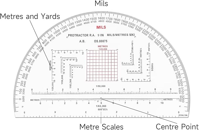 CYA Military Map Protractor for Land Navigation, Military Style UTM/MGRS Coordinate Scale, 9" RA