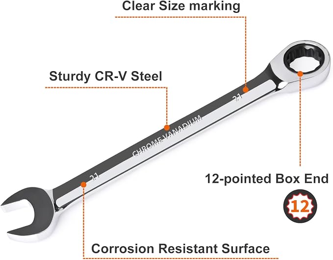 Egofine 21mm Ratcheting Combination Wrench Metric, Industrial Grade Gear Spanner with 12-Point Design, 72-Tooth Ratchet, Chrome Vanadium Steel