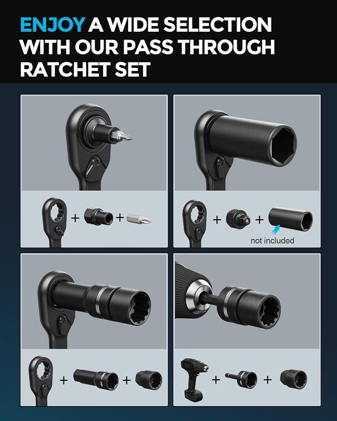 48 Pcs 1/4" Pass-Through Socket Set, SAE/Metric Go-Thru Ratchet Kit | Hollow SAE/metric mini sockets clear long threaded rods; include a 72-tooth ratchet, extension bar, 21 bits and 1/4" adapters