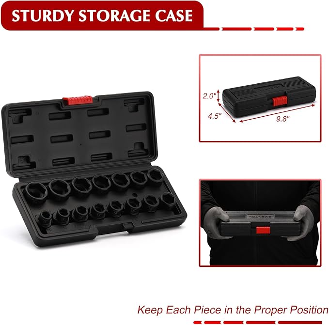 EMENTOL 15PCS 1/2" Drive Low Profile Nano Impact Socket Set, 1/2-Inch Drive stubby sockets, Metric, 10mm-24mm, CR-MO