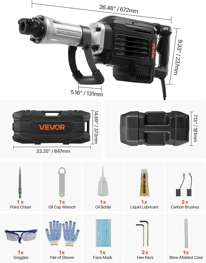 VEVOR Demolition Jack Hammer, 3000 W Powerful Electric Jackhammer, 1700 BPM Concrete Breaker with a Point Chisel, Carrying Case, Gloves, Goggles, for Concrete, Wall, Brick, Tile and Foundation