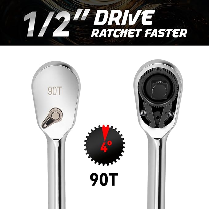 DISEN Extra Long Handle 1/2" Drive Ratchet Socket Wrench,90-Tooth Ratchet Wrench with 14" Handle and Dust Proof Teardrop Enclosed Head, Reversible, CR-V Steel Made, CR-MO Head, Gifts for Men