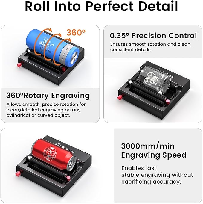 AlgoLaser Rotary Roller Attachment for Laser Engraver, 360° Dual-Support Rotary Roller for Cylindrical Objects, Tumblers, Bottles, 2-150mm Adjustable, Compatible with Pixi & Most Laser Engravers