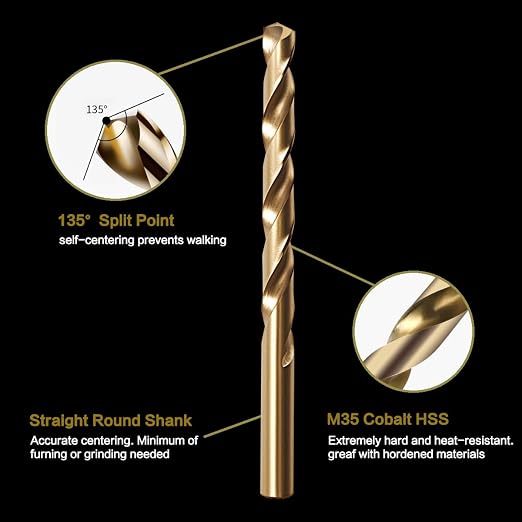 5/16" Cobalt Drill Bit Set (10Pcs), M35 HSS, 135 Degree Tip, Twist Jobber Length for Hardened Metal, Stainless Steel, Cast Iron, Wood, and Plastics, with Index Storage Case