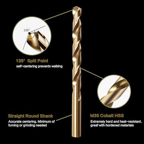 1/4" Cobalt Drill Bit Set (10Pcs), M35 HSS, 135 Degree Tip, Twist Jobber Length for Hardened Metal, Stainless Steel, Cast Iron, Wood, and Plastics, with Index Storage Case