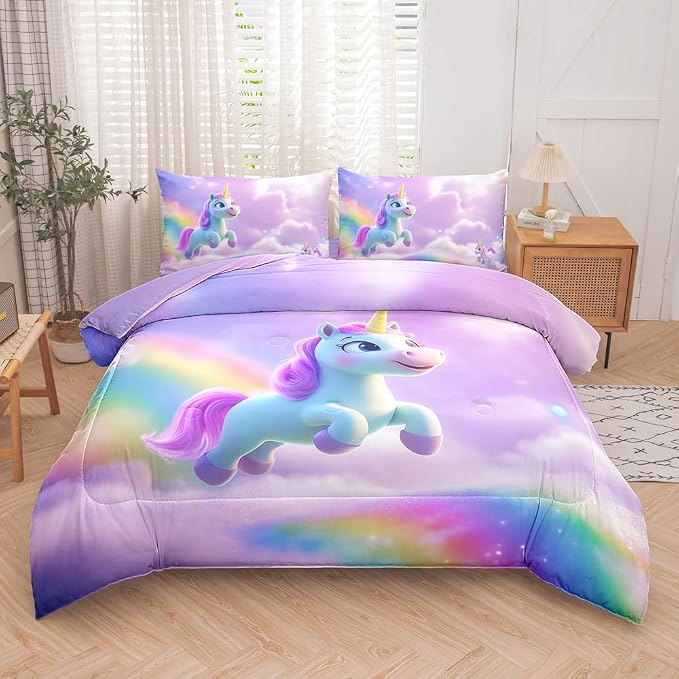 5PCS Girls Unicorn Comforter Sets Twin,Girls Rainbow Comforter Sets,Pink Cute Unicorn Bedding Sets for Girl,Twin Kawaii Comforter Set for Girl(Kids Bed Set with Sheets)