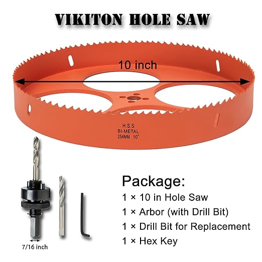 10 Inch Hole Saw with Arbor for Metal Wood Plastic, 10 in Bi-Metal Hole Cutter for Different Project with Smooth and Flat Drilling Edge, Fast Chip Removal, Lighter and Portable