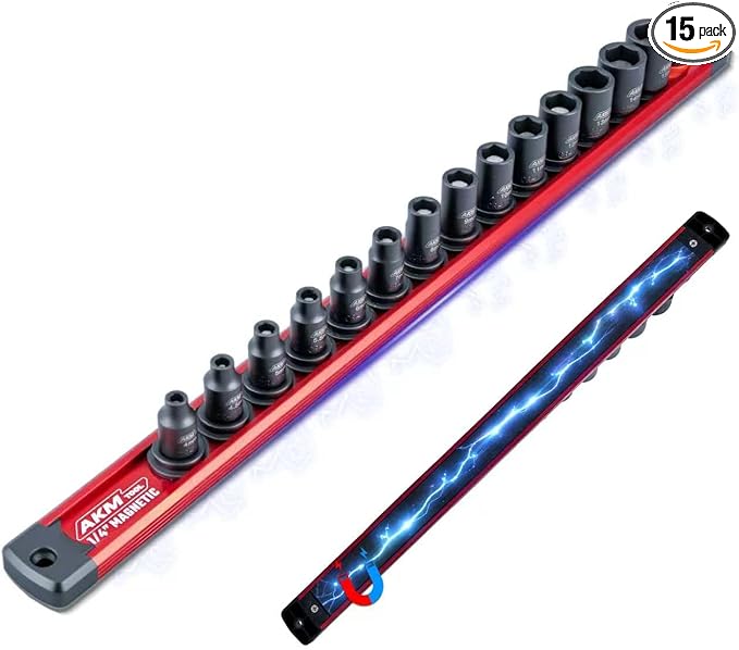 1/4 Inch Drive Magnetic Impact Socket Set, 15-Piece Metric, 4mm-15mm, 6 Point, Cr-Mo, Square Drive, Magnetic Sockets with Adapter, Rail