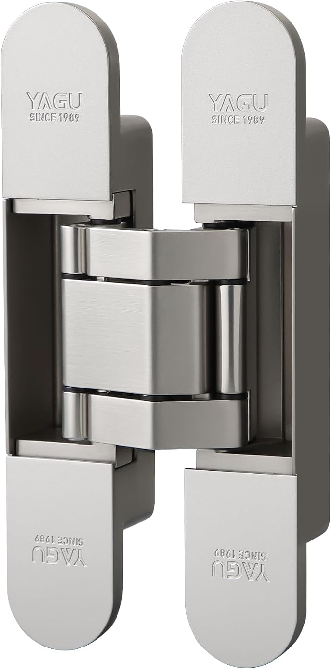YAGU 6.5 inch 3 Way Adjustable Invisible Hinges Hidden Door Hinges Concealed Hinges Zinc Alloy 180 Degree Swing Hinge Butt Hinge 6.5 x 3.2 x 1.1 inch Matte Silver (1 Piece)