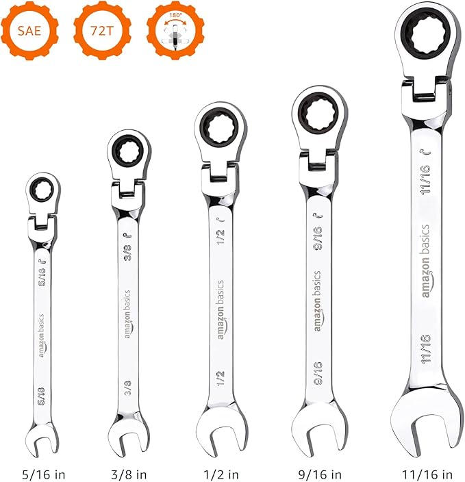 Amazon Basics 72-Tooth Ratcheting Combination Wrench Set, Chrome Vanadium Steel Flexible Head, 5-Piece SAE Sizes 5/16", 3/8", 1/2", 9/16", 11/16", Chrome Finish