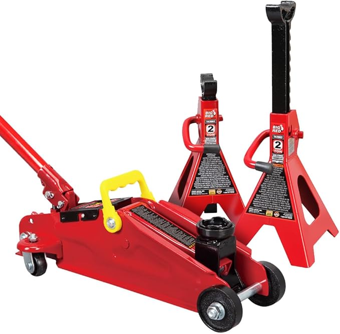 Big RED Torin Low Profile Floor Jack: Hydraulic Trolley Floor Jack Combo with 2 Jack Stands, 2 Ton (4000 lb.) Capacity