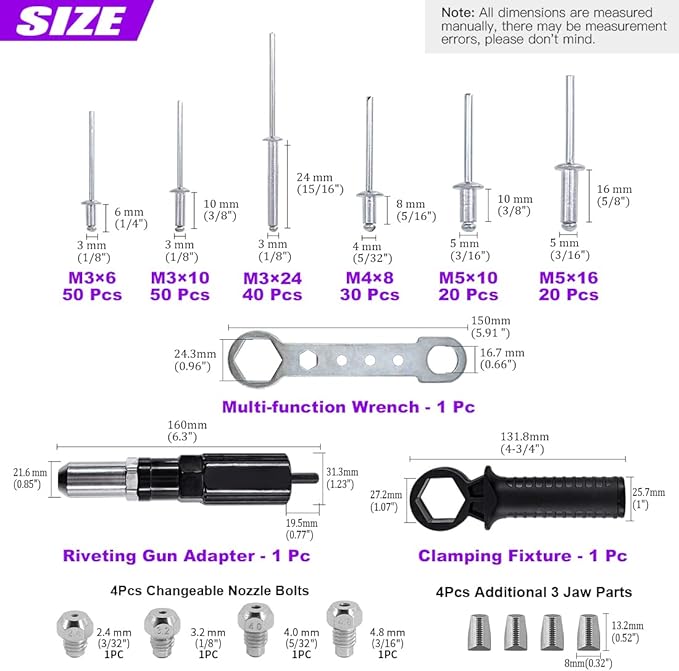 Swpeet 211Pcs Black Alloy Steel Electric Rivet Gun Adapter Kit, Including 2.4/3.2/4.0/4.8mm Diameter Rivet Head and Handle Wrench with 500Pcs Aluminum Blind Rivet Kit