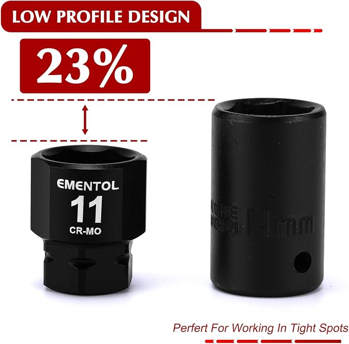 EMENTOL 13-Piece 1/4" Drive Stubby Impact Socket Set, Metric | 4mm -15mm Low Profile Sockets, 12mm Base Hex, CR-MO, Compact Design for Tight Access