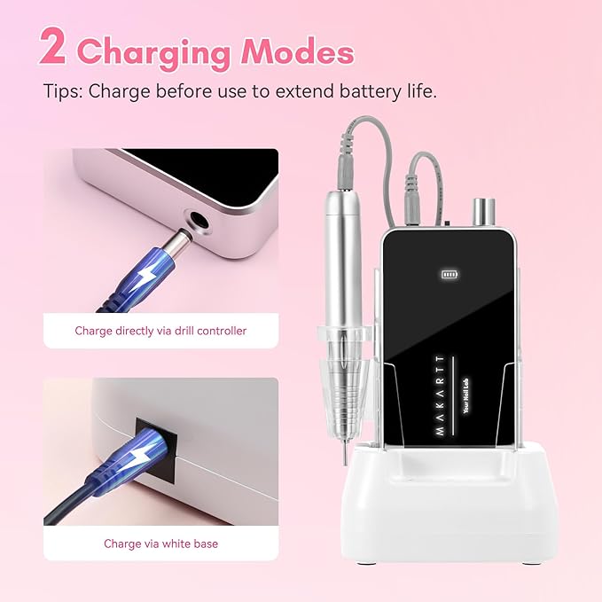 Makartt Nail Drill Professional, 35,000RPM Electric Nail File for Acrylic & Gel Removal, 60W Brushless Coreless Motor, 2-in-1 Desktop & Portable, LCD Display, Rechargeable, Quiet, F&R, Nouvella Black