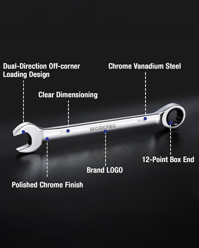 WORKPRO 7/16" Ratcheting Combination Wrench, Mirror Polish Chrome Plating | Premium CR-V Steel, 72-Teeth, 12 Point Design, SAE, For Home Projects, Motorcycle Repair, Garage Work, Plumbing, Machinery