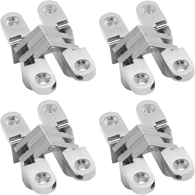 Hidden Gate Hinge 2-3/8" Stainless Steel 180 Degree Invisible Cross Hinges for Kitchen Cabinet Door Frameless Concealed Hinge with Screws, 4pcs