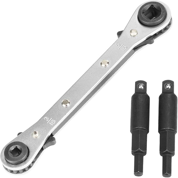 HVAC Service Wrench, Refrigeration Wrench With 2 Pcs HVAC Hexagon Bit Adapter, Premium AC Tools for HVAC, Refrigeration Equipment Repair (3/16”, 1/4”, 5/16”, 3/8”)