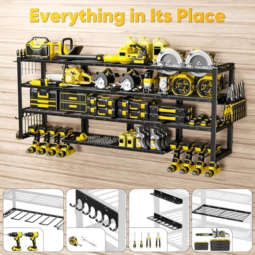 POKIPO Extra Large 64" W Power Tool Organizer Wall Mount, 1000 lbs Load Capacity, Heavy Duty 4 Tier Garage Storage Rack with 8 Drill Holders, 2 in 1 Corner or Straight Installation