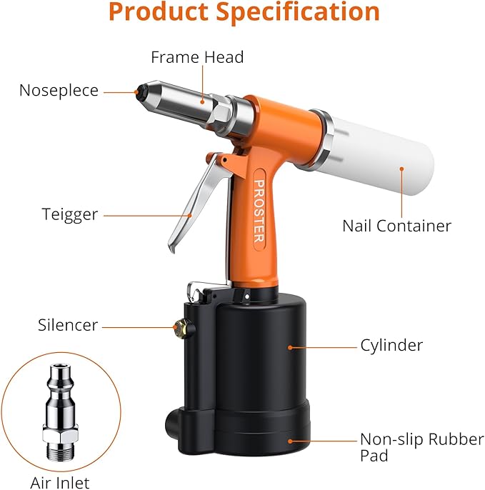 Proster Pneumatic Tool Air Riveter - 4 Nozzles Pneumatic Rivet Gun, 6-8KG/C2 Heavy-Duty Air Pop Riveter for 3/32", 1/8", 5/32", 3/16" Capacity 3104LBF