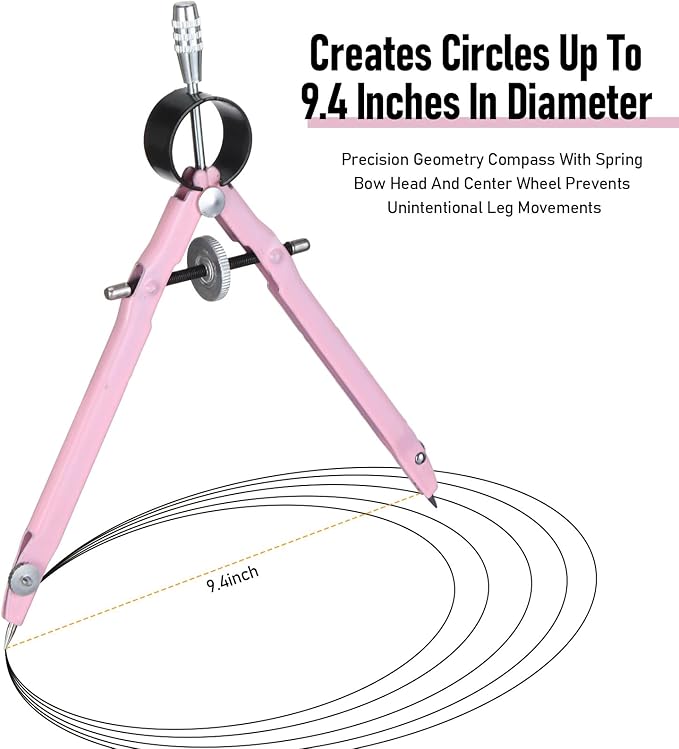 EBOOT Student Geometry Math Set, Metal Drawing Compass and 6 Inch Clear Swing Arm Protractors 180 Degree Math Protractor(Pink and Pink)