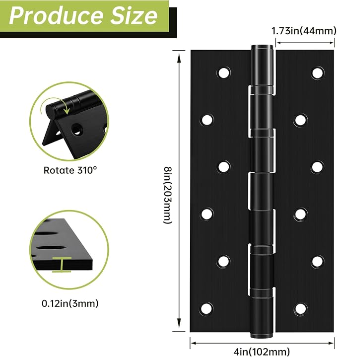 8" Ball Bearing Door Hinges 2 Pack, Heavy Duty Stainless Steel Hinge 8 x 4 Inch for Interior Exterior Doors, with Stainless Steel Screws, Matte Black