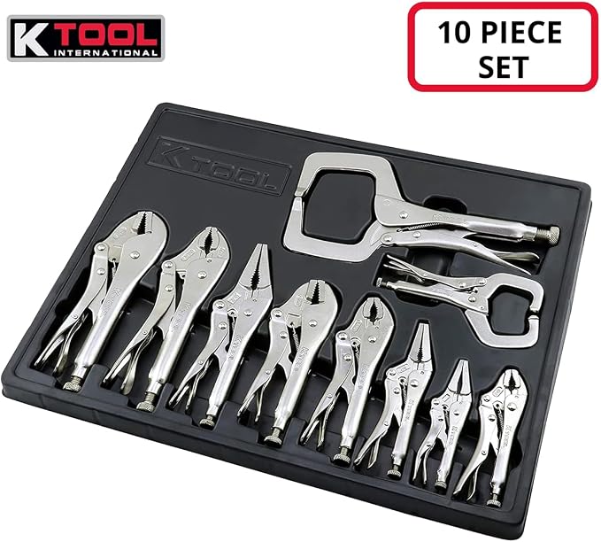 K Tool International 58730 Automotive Vice Grip Locking Straight, Curved Jaw, Needle Nose Plier Set for Garages, Repair Shops, and DIY, Heat Treated Nickel Plated Steel, Organizing Tray, 10 Piece