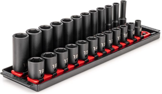 TEKTON 3/8 Inch Impact Socket Set, 24-Piece | SID91209 | (8 - 19 mm), Shallow and Deep, 6-Point, Socket Rail