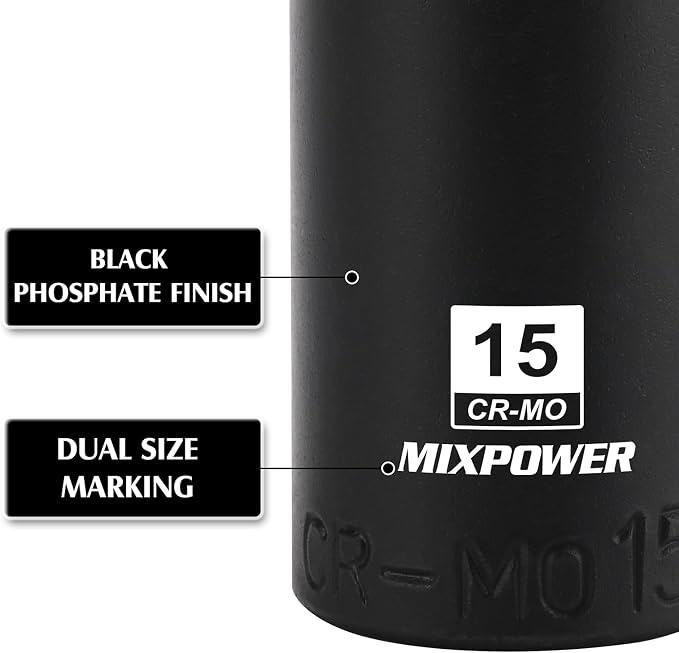 MIXPOWER 3/8" Drive Deep Magnetic Impact Socket Set with Storage Rails, 13-Piece, 6 Point, 7-19mm, Metric, CR-MO