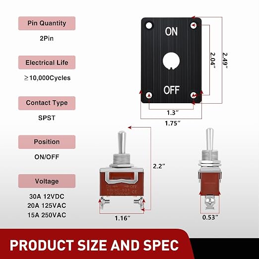 Nilight Heavy Duty Toggle Switch Waterproof 2 Pin 2 Position ON Off SPST 12V DC 30A with Mounting Panel and Weatherproof Cap Cover for Auto Car Marine Boat Automotive