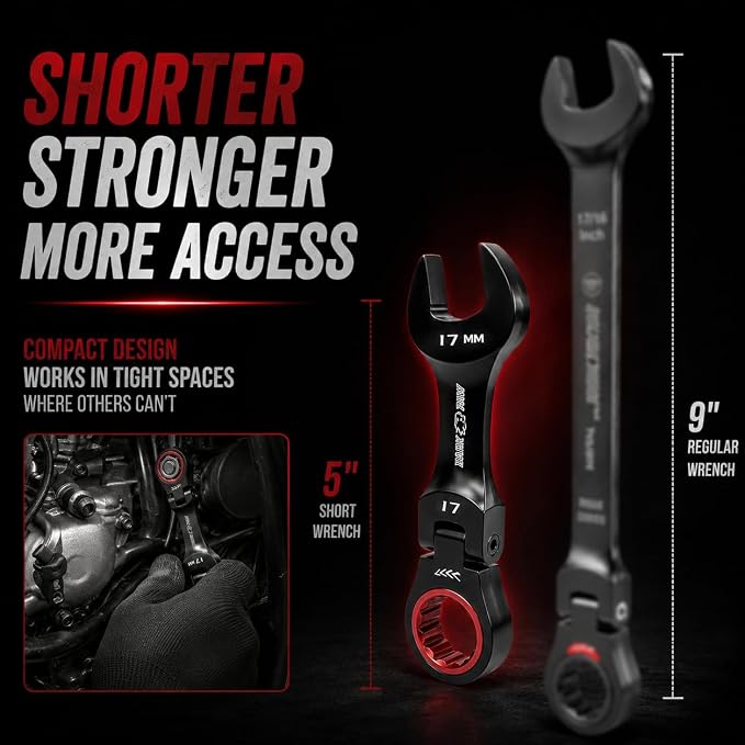 16PCS Stubby Flex Head Ratcheting Wrench Set, SAE & Metric Combination Wrenches, 72-Tooth Short Handle Ratchet Spanner Set for Tight Spaces, Auto Repair & Garage Maintenance, 8-17mm & 5/16"-3/4"