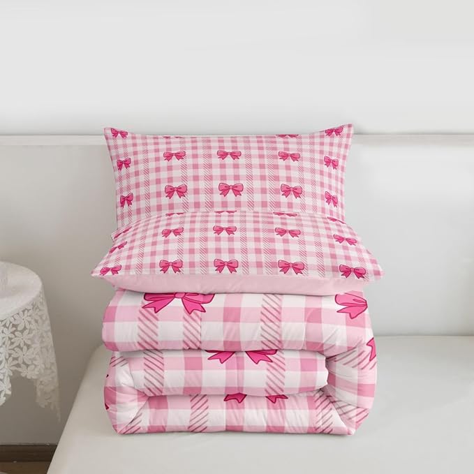 Feelyou Pink Grid Bowknot Comforter Set All Season Bow Checkered Bedding Set with 2 Pillow Cases Princess Microfiber Kids King Bedclothes Bedroom Decor Duvet Quilt Breathable Soft Lightweight