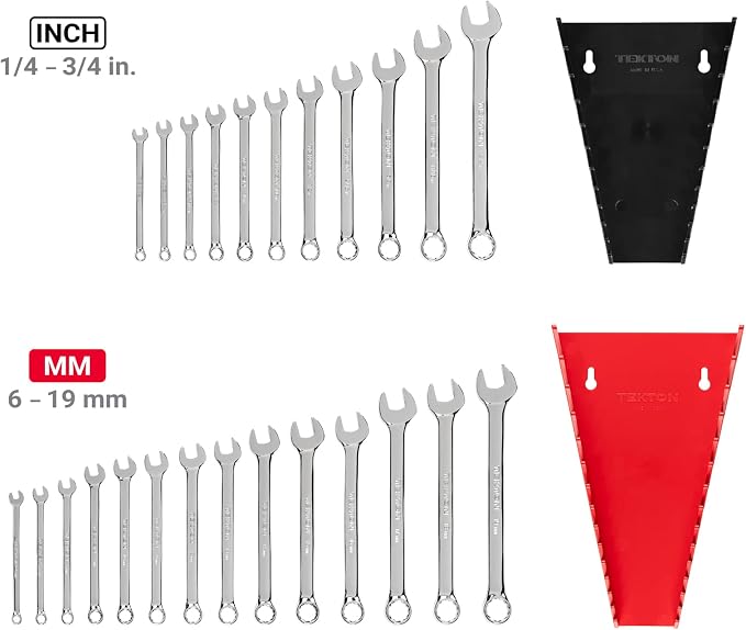 TEKTON Combination Wrench Set, 25-Piece | WCB91303 | (1/4 - 3/4 in., 6 - 19 mm), Wrench Rack, Chrome Finish