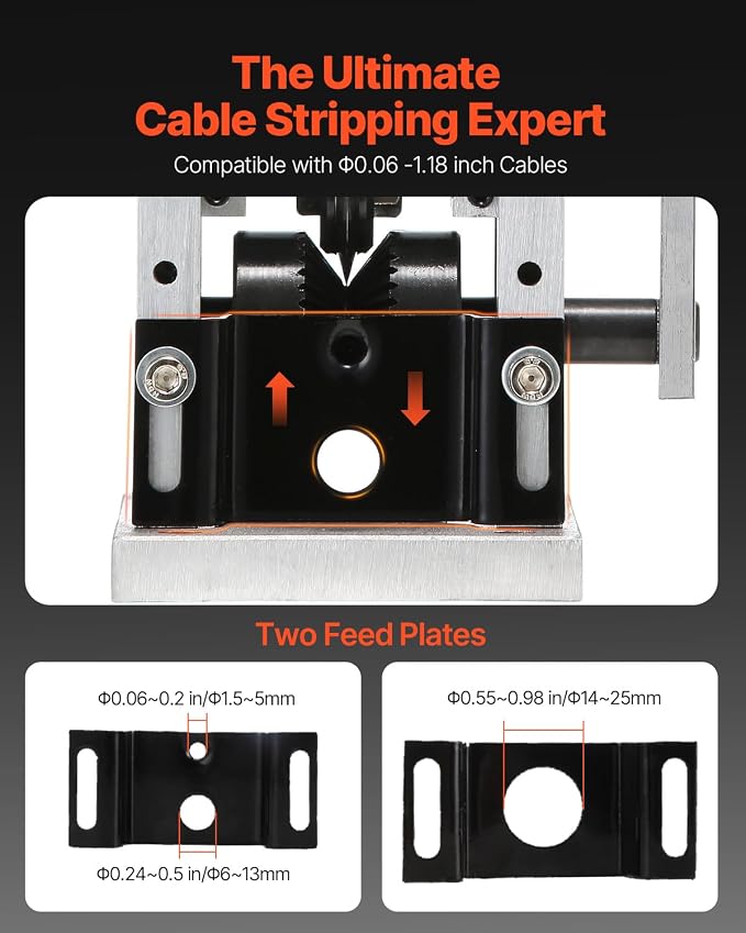 VEVOR Manual Wire Stripping Machine, 0.06''-1.18'' Copper Stripper with Hand Crank or Drill Powered, Visible Stripping Depth Reference, Portable Aluminum Frame Wire Peeler for Scrap Copper Recycling