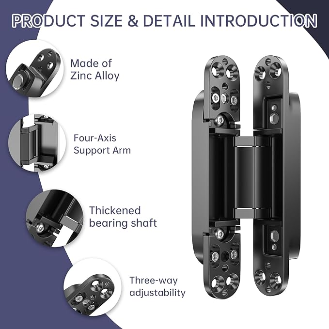 7" 2 pcs Hidden Hinges for Doors Invisible Hinges Concealed Zinc Alloy 180 Degree Swing 3 Way Adjustable Butt Silent Door Hinge 7 x 2.8 x 1 inch (Black