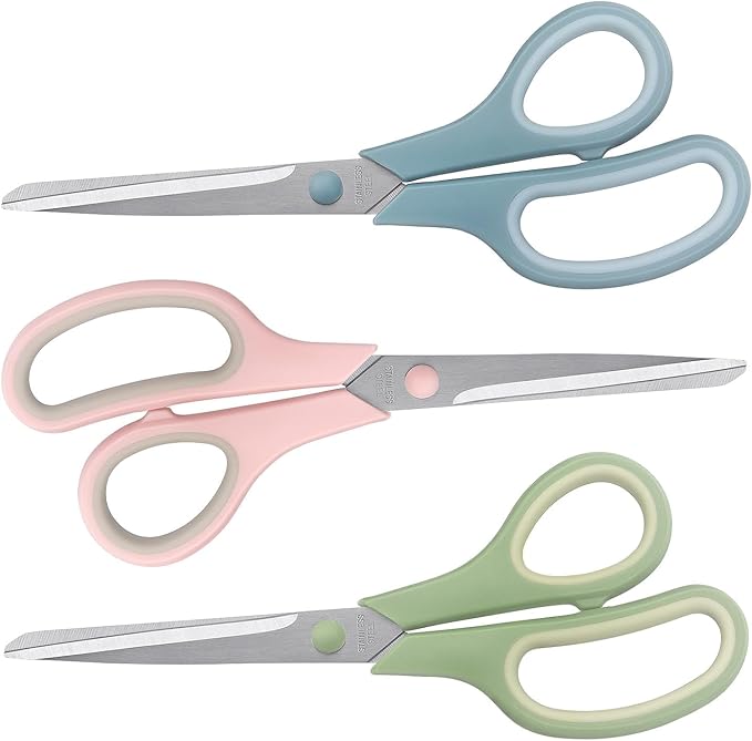 LONGKEY 8.5 Inch Scissors, All-Purpose, Soft Comfort-Grip, Ambidextrous, Pastel Green, Pink, Blue, 3 Count