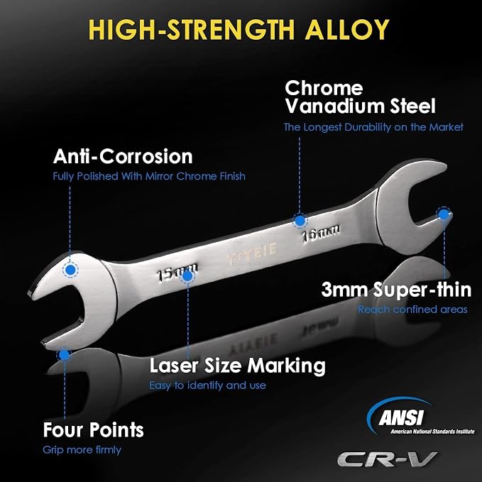 YIYEIE 9Pcs Super-Thin Wrench Set, 3mm Ultra-Slim Open End Wrench Set | Metric 5.5, 7, 8, 9, 10, 11, 12, 13, 14, 15, 16, 17, 19, 21, 22, 23, 24, 27mm, CR-V Steel, Flat Wrenches with Mirror Finish