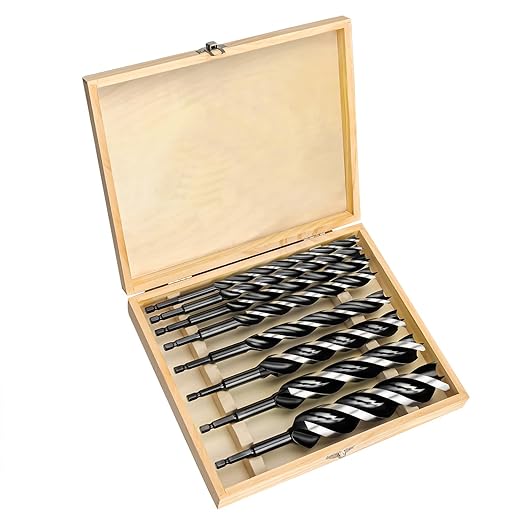 Auger Drill Bit Set for Wood – 8pcs Hex Shank Wood Auger Drill Bits with Wooden Storage Case, 9" Length, 3/8" to 1-1/4", Heavy Duty Bits for Softwood and Hardwood