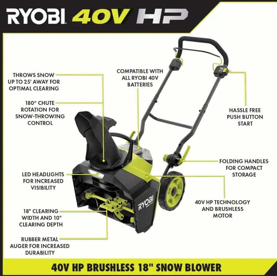 RYOBI RY40809BLTVNM 40V HP Brushless 18 in. Single-Stage Cordless Electric Snow Blower (Tool-Only)