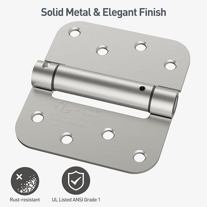 HOSOM 4 Pack Brushed Nickel Self Closing Door Hinges, 4 Inch 5/8'' Radius Corners Spring Door Hinge, Adjustable Tension for Garage, Front Door, Back Door, UL Listed, for Left and Right Hand Door