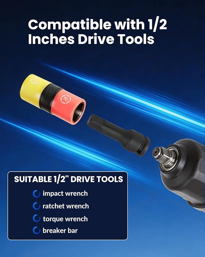 DPTOOL Lug Nut Socket Set 1/2" Drive Wheel Impact Flip Socket Set | with Metric 17 19 21 22 MM & SAE 3/4 13/16 7/8 15/16 in Sockets Non-Marring Thin Wall Lug Nut Removal Tool