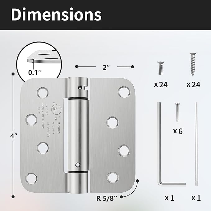 3 Pack Self Closing Door Hinges 4 Inch, Automatic Closing Door Hinge with 5/8'' Radius Corners, Adjustable Tension for Garage, Front, Back Door, UL Listed, Left and Right Hand, Brushed Nickel