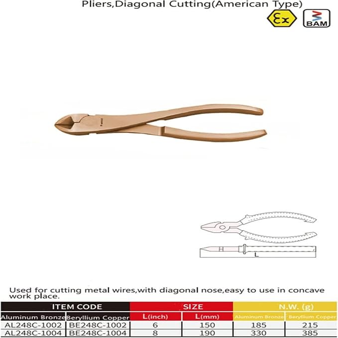 WEDO Diagonal Cutting Pliers, Side-cutting Pliers, Side Cutter, Length 150mm, Length 6 inch, Beryllium Copper, Non-Sparking, Non-Magnetic, DIN Standard, BAM & FM Certificate