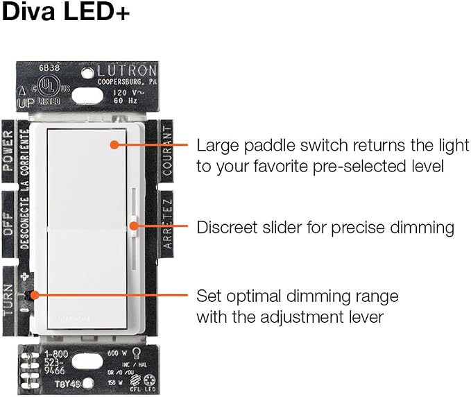 Lutron Diva LED+ Dimmer Light Switch for Dimmable LED, Halogen, and Incandescent Bulbs, 150 Watt, Single-Pole or 3-Way, DVWCL-153PH-2-WH, White (2-Pack) with Wallplate