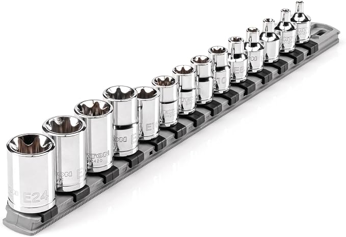 TEKTON Shallow External Star Socket Set, 14-Piece | SHD99100 | 3/8, 1/2 Inch Drive, (E4 - E24), Shallow, Socket Rail