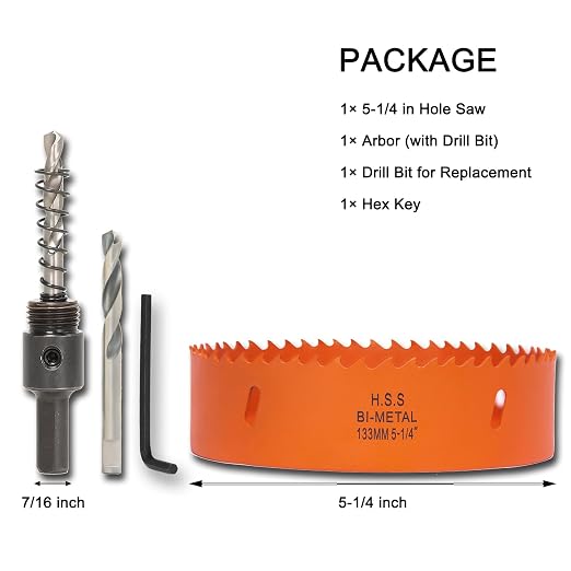 5-1/4 Inch Hole Saw with Arbor for Metal Wood Plastic, 5.25 in Bi-Metal Hole Cutter for Different Project with Smooth and Flat Drilling Edge, Fast Chip Removal