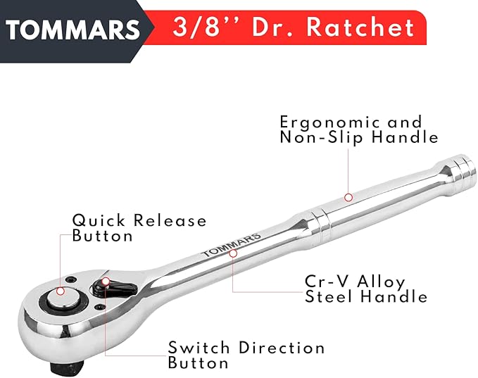 TOMMARS 3/8" Drive Ratchet Socket Wrench, 72-Tooth Quick-Release Socket Ratchet Wrench Reversible, Gifts for Men Mechanic Hand Tools