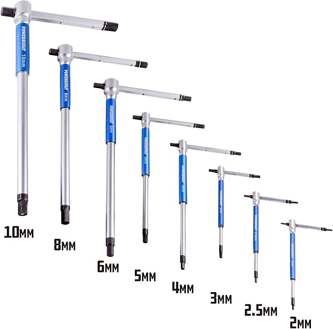 Powerbuilt 8 Pc Metric T-Handle Hex Allen Key Wrench Set w/ Speed Sleeves for Fast Spinning Action, Sliding Top Handle for “T” or “L” Shape, Long Shafts, Storage Rack, Auto, Bicycle, Moto - 941645