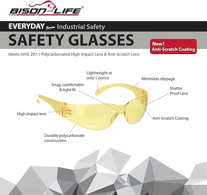 BISON LIFE Clear Safety Glasses – ANSI Z87.1 Scratch & Impact Resistant Wrap Around Eye Protection Goggles for Men & Women